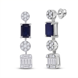 Exquisite Majesty: 14kt White Gold Womens Emerald Blue Sapphire Diamond Dangle Earrings - Top View
