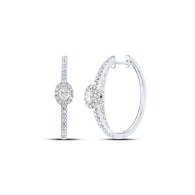 14kt White Gold Women's Oval Diamond Hoop Earrings with Sapphire Accents - Top View