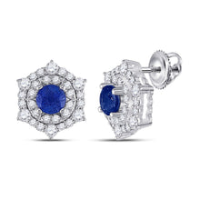 Load image into Gallery viewer, 14kt White Gold Women&#39;s Round Blue Sapphire Diamond Halo Earrings: Mesmerizing Elegance - Top View