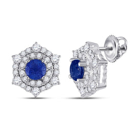 14kt White Gold Women's Round Blue Sapphire Diamond Halo Earrings: Mesmerizing Elegance - Top View