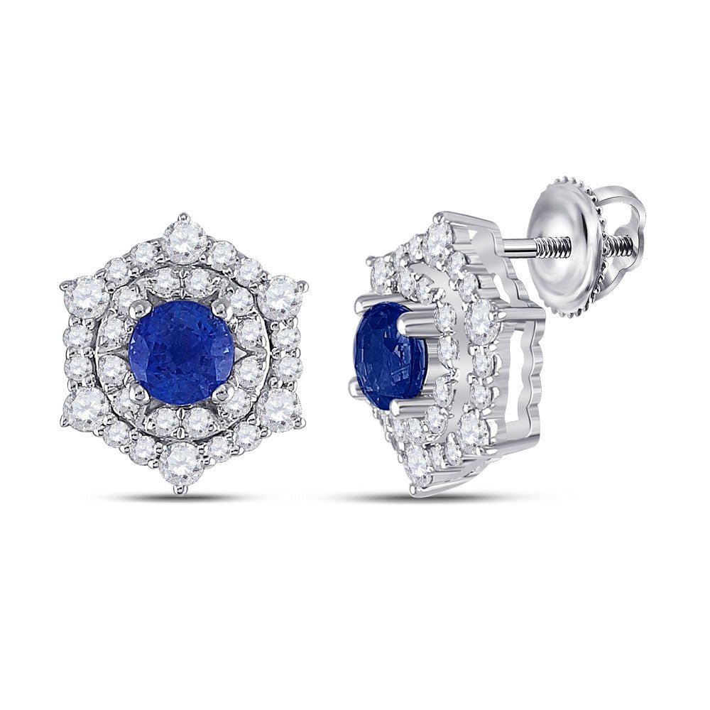 Earrings | 14kt White Gold Womens Round Blue Sapphire Diamond Halo Earrings 1-1/4 Cttw | Splendid Jewellery GND
