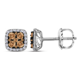 14kt White Gold Womens Round Brown Diamond Square Earrings - Top View