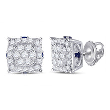 Load image into Gallery viewer, 14kt White Gold Diamond and Blue Sapphire Cluster Earrings: A Mesmerizing Fusion of Brilliance and Elegance - Top View