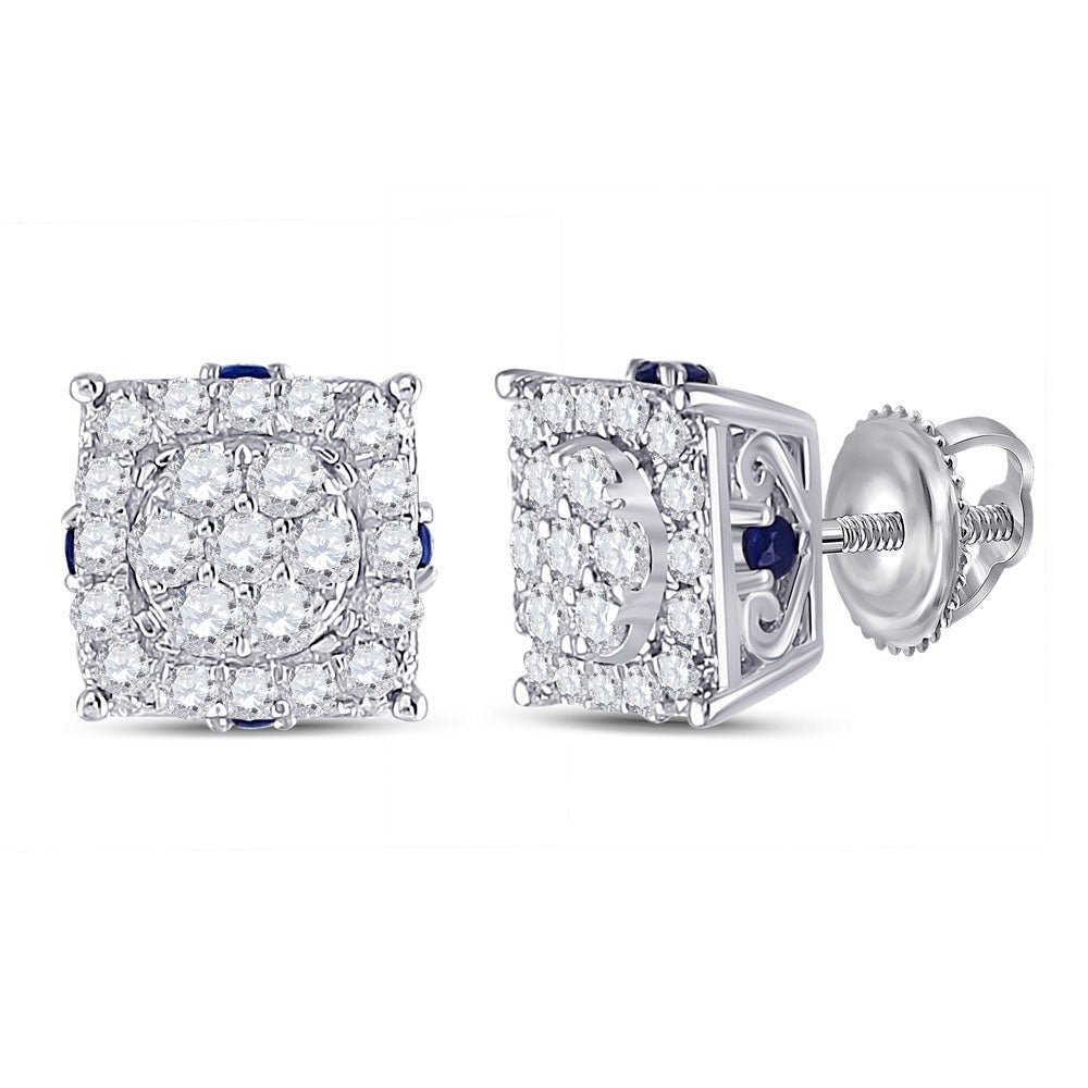 Earrings | 14kt White Gold Womens Round Diamond Blue Sapphire Cluster Earrings 1/2 Cttw | Splendid Jewellery GND