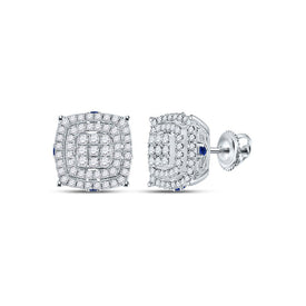 Exquisite Square Diamond and Blue Sapphire Earrings in 14kt White Gold - Top View