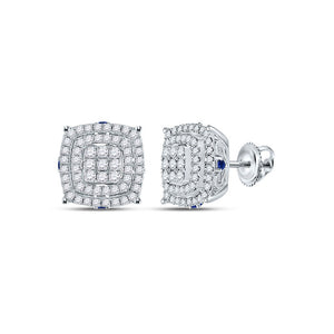 Earrings | 14kt White Gold Womens Round Diamond Blue Sapphire Square Earrings 7/8 Cttw | Splendid Jewellery GND