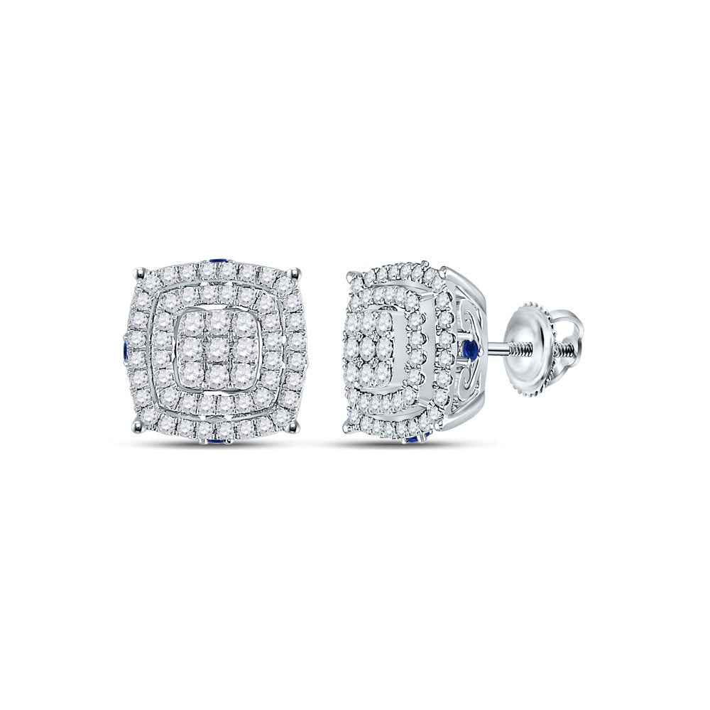 Earrings | 14kt White Gold Womens Round Diamond Blue Sapphire Square Earrings 7/8 Cttw | Splendid Jewellery GND