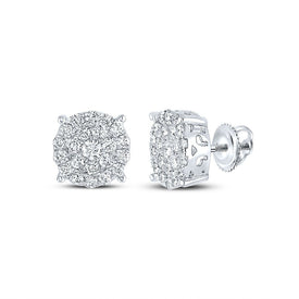 Captivating Cluster Brilliance: 14kt White Gold Women's Round Diamond Cluster Earrings - Top View