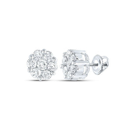 14kt White Gold Diamond Blossom Cluster Earrings - Radiant Floral Brilliance - Top View