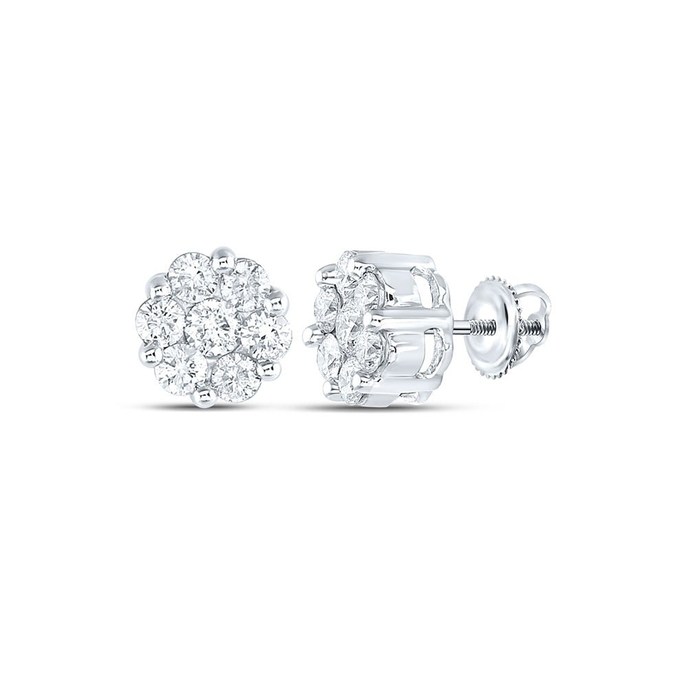 Earrings | 14kt White Gold Womens Round Diamond Flower Cluster Earrings 1-1/2 Cttw | Splendid Jewellery GND