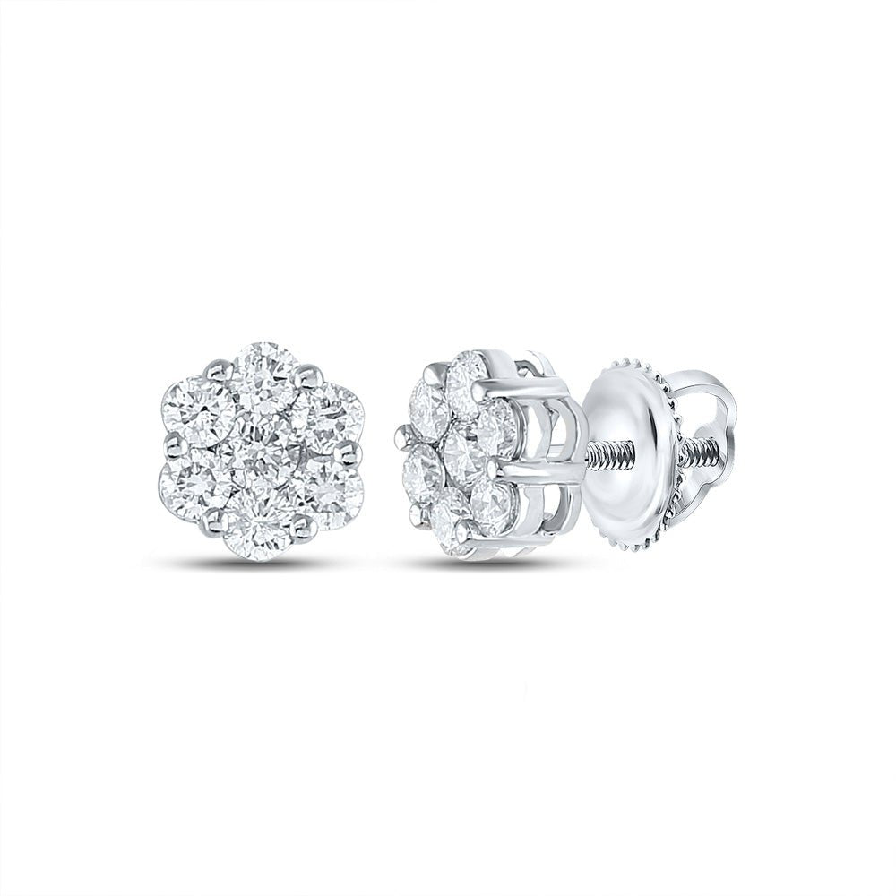 Earrings | 14kt White Gold Womens Round Diamond Flower Cluster Earrings 1-1/2 Cttw | Splendid Jewellery GND