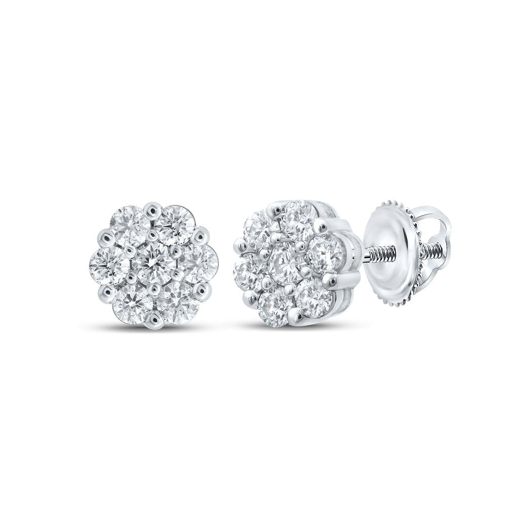 Earrings | 14kt White Gold Womens Round Diamond Flower Cluster Earrings 1-1/2 Cttw | Splendid Jewellery GND