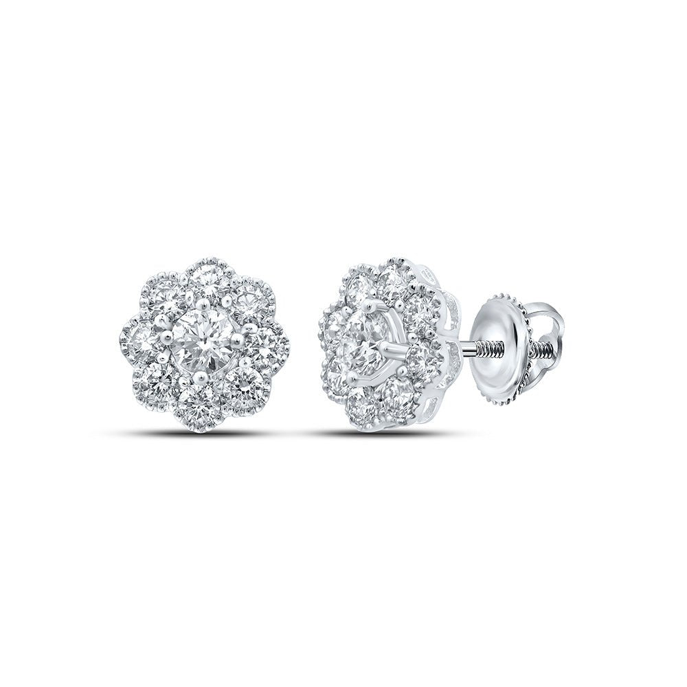 Earrings | 14kt White Gold Womens Round Diamond Flower Cluster Earrings 1-1/2 Cttw | Splendid Jewellery GND