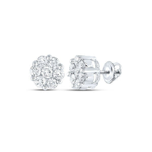 Earrings | 14kt White Gold Womens Round Diamond Flower Cluster Earrings 1-1/2 Cttw | Splendid Jewellery GND