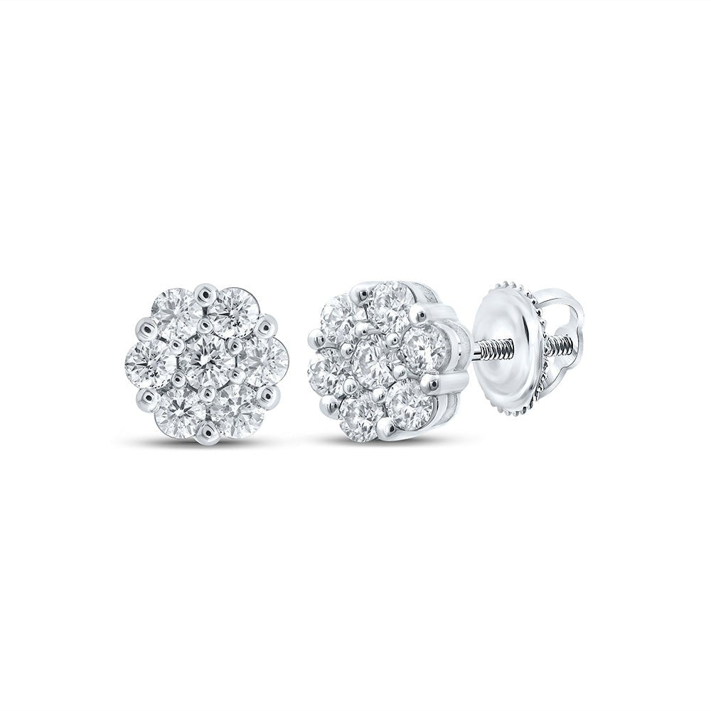 Earrings | 14kt White Gold Womens Round Diamond Flower Cluster Earrings 1-1/5 Cttw | Splendid Jewellery GND