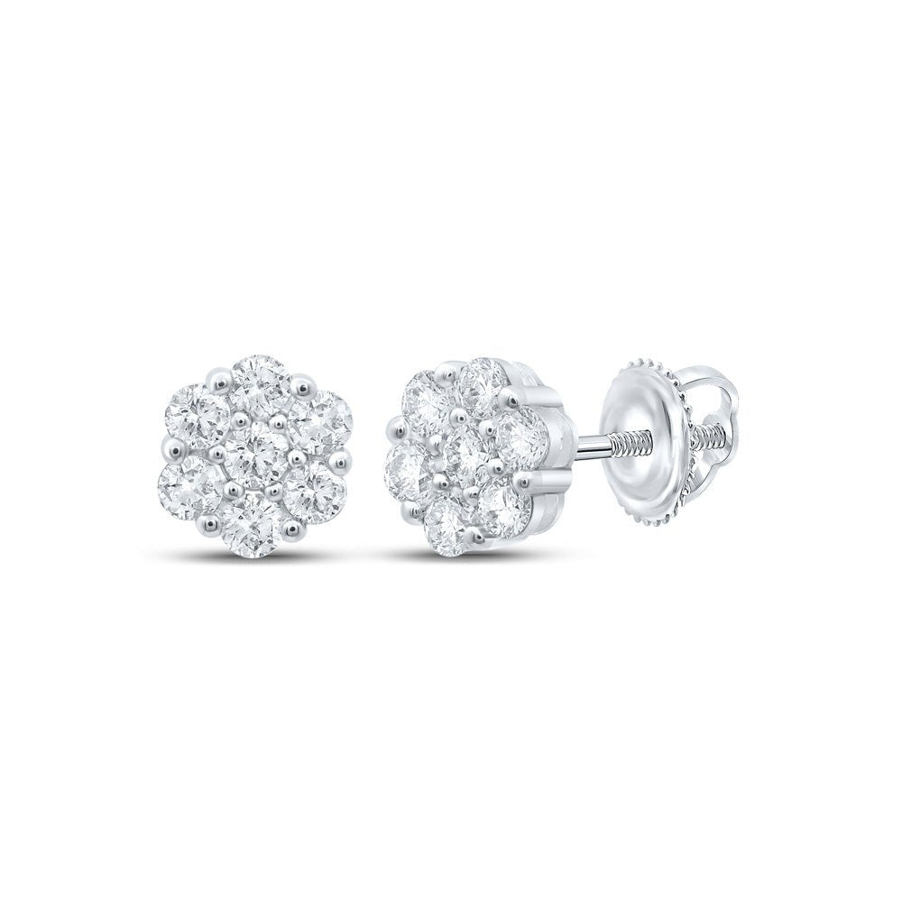 Earrings | 14kt White Gold Womens Round Diamond Flower Cluster Earrings 1-3/4 Cttw | Splendid Jewellery GND