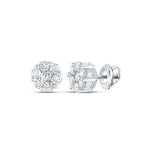 Earrings | 14kt White Gold Womens Round Diamond Flower Cluster Earrings 1 Cttw | Splendid Jewellery GND