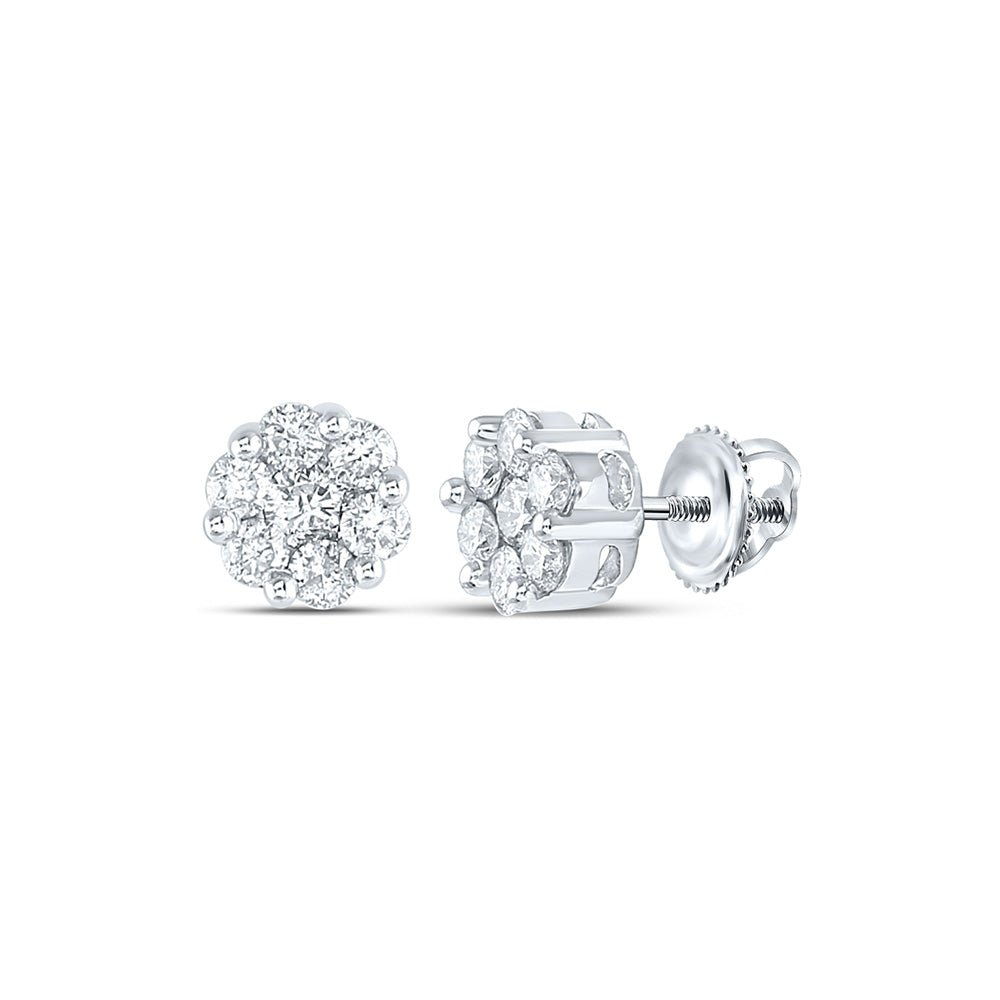 Earrings | 14kt White Gold Womens Round Diamond Flower Cluster Earrings 1 Cttw | Splendid Jewellery GND
