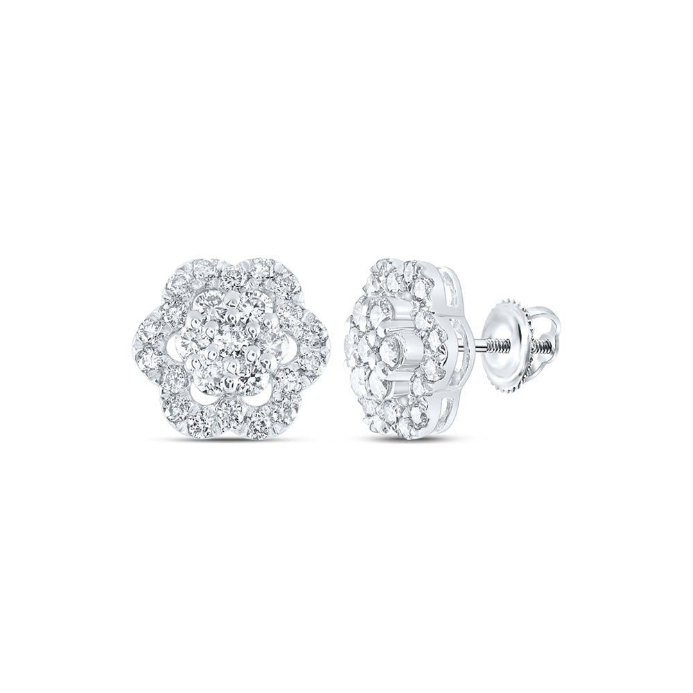 Earrings | 14kt White Gold Womens Round Diamond Flower Cluster Earrings 1 Cttw | Splendid Jewellery GND