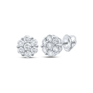 Earrings | 14kt White Gold Womens Round Diamond Flower Cluster Earrings 1 Cttw | Splendid Jewellery GND