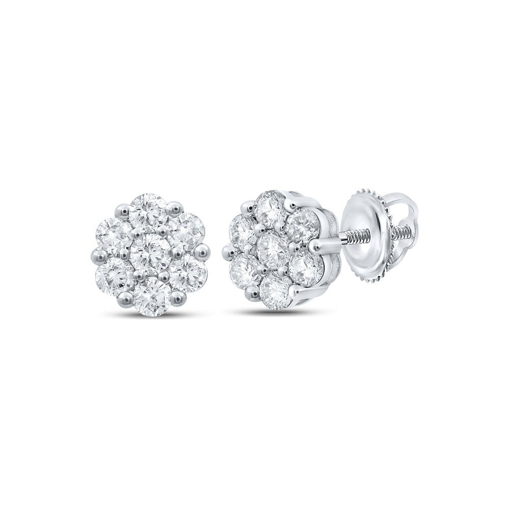 Earrings | 14kt White Gold Womens Round Diamond Flower Cluster Earrings 1 Cttw | Splendid Jewellery GND