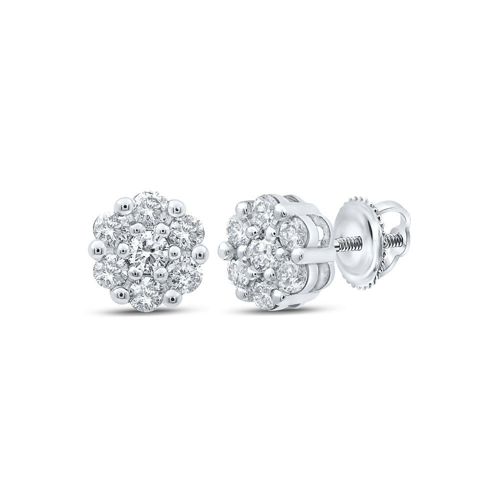 Earrings | 14kt White Gold Womens Round Diamond Flower Cluster Earrings 1/2 Cttw | Splendid Jewellery GND