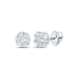 Earrings | 14kt White Gold Womens Round Diamond Flower Cluster Earrings 1/2 Cttw | Splendid Jewellery GND