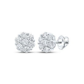 Radiant Blooms: 14kt White Gold Womens Round Diamond Flower Cluster Earrings 2-1/4 Cttw - Top View