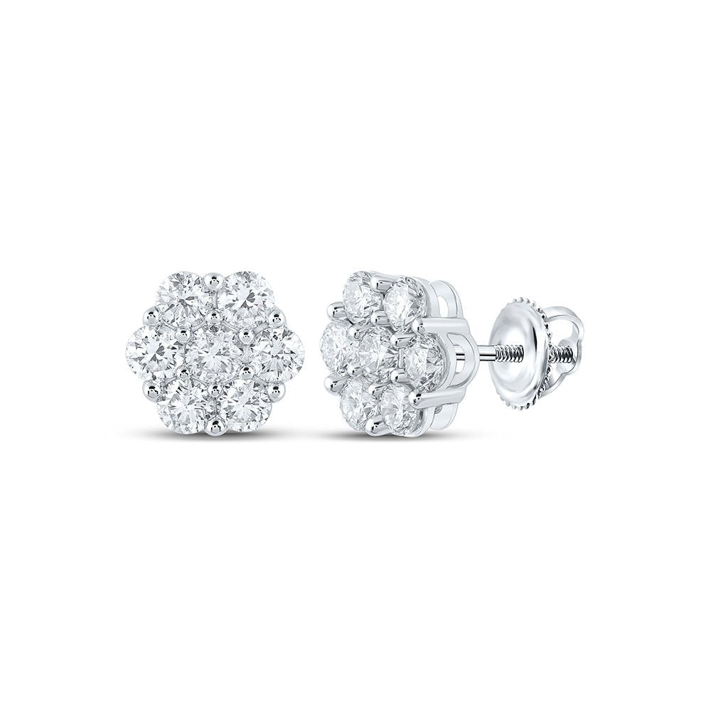 Earrings | 14kt White Gold Womens Round Diamond Flower Cluster Earrings 2-5/8 Cttw | Splendid Jewellery GND