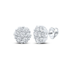 Earrings | 14kt White Gold Womens Round Diamond Flower Cluster Earrings 2 Cttw | Splendid Jewellery GND