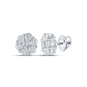 Earrings | 14kt White Gold Womens Round Diamond Flower Cluster Earrings 2 Cttw | Splendid Jewellery GND