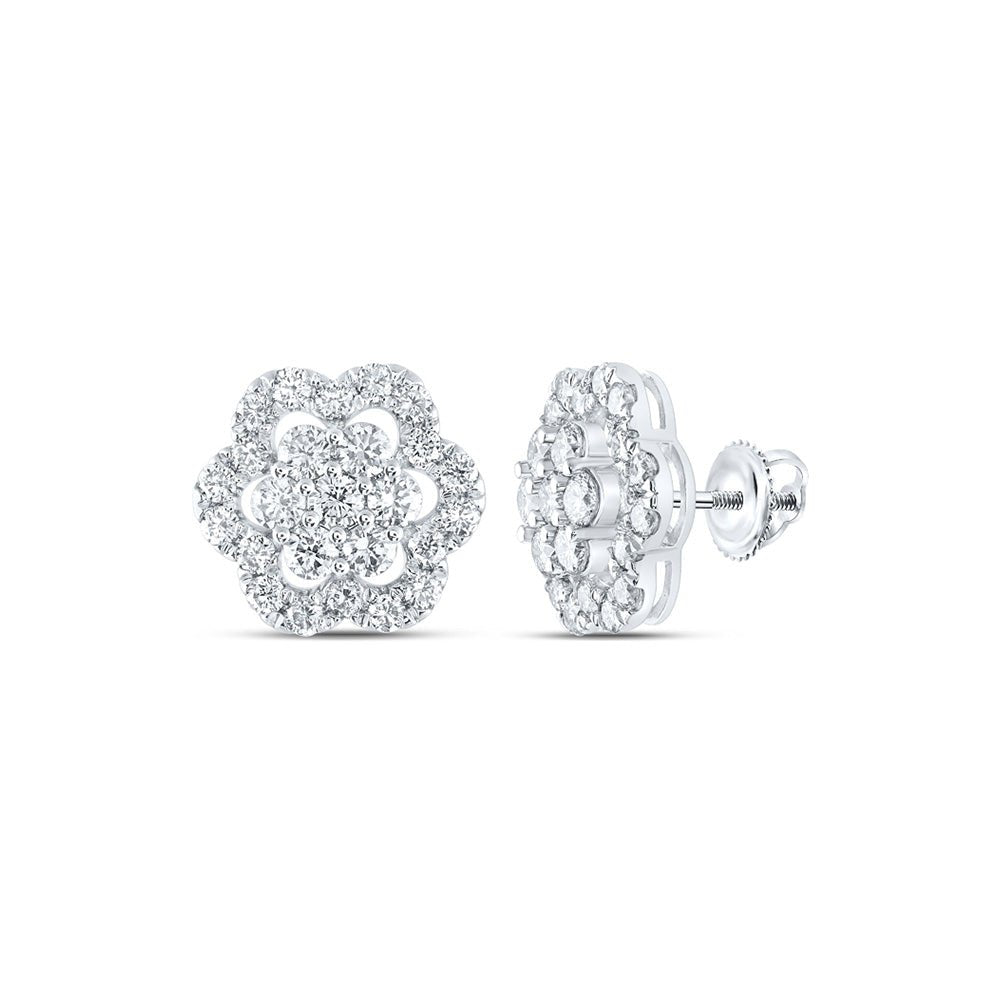 Earrings | 14kt White Gold Womens Round Diamond Flower Cluster Earrings 2 Cttw | Splendid Jewellery GND