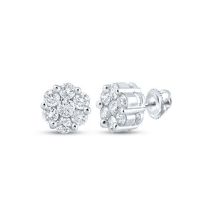 Earrings | 14kt White Gold Womens Round Diamond Flower Cluster Earrings 2 Cttw | Splendid Jewellery GND