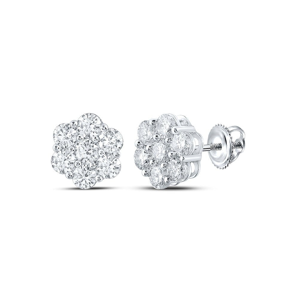 Earrings | 14kt White Gold Womens Round Diamond Flower Cluster Earrings 2 Cttw | Splendid Jewellery GND