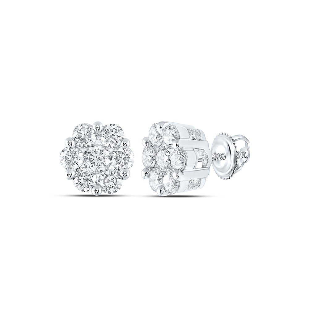 Earrings | 14kt White Gold Womens Round Diamond Flower Cluster Earrings 3 Cttw | Splendid Jewellery GND