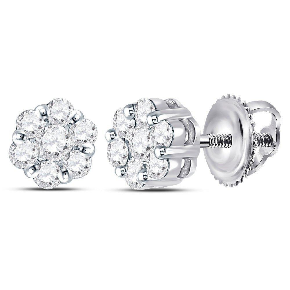 Earrings | 14kt White Gold Womens Round Diamond Flower Cluster Earrings 3/4 Cttw | Splendid Jewellery GND