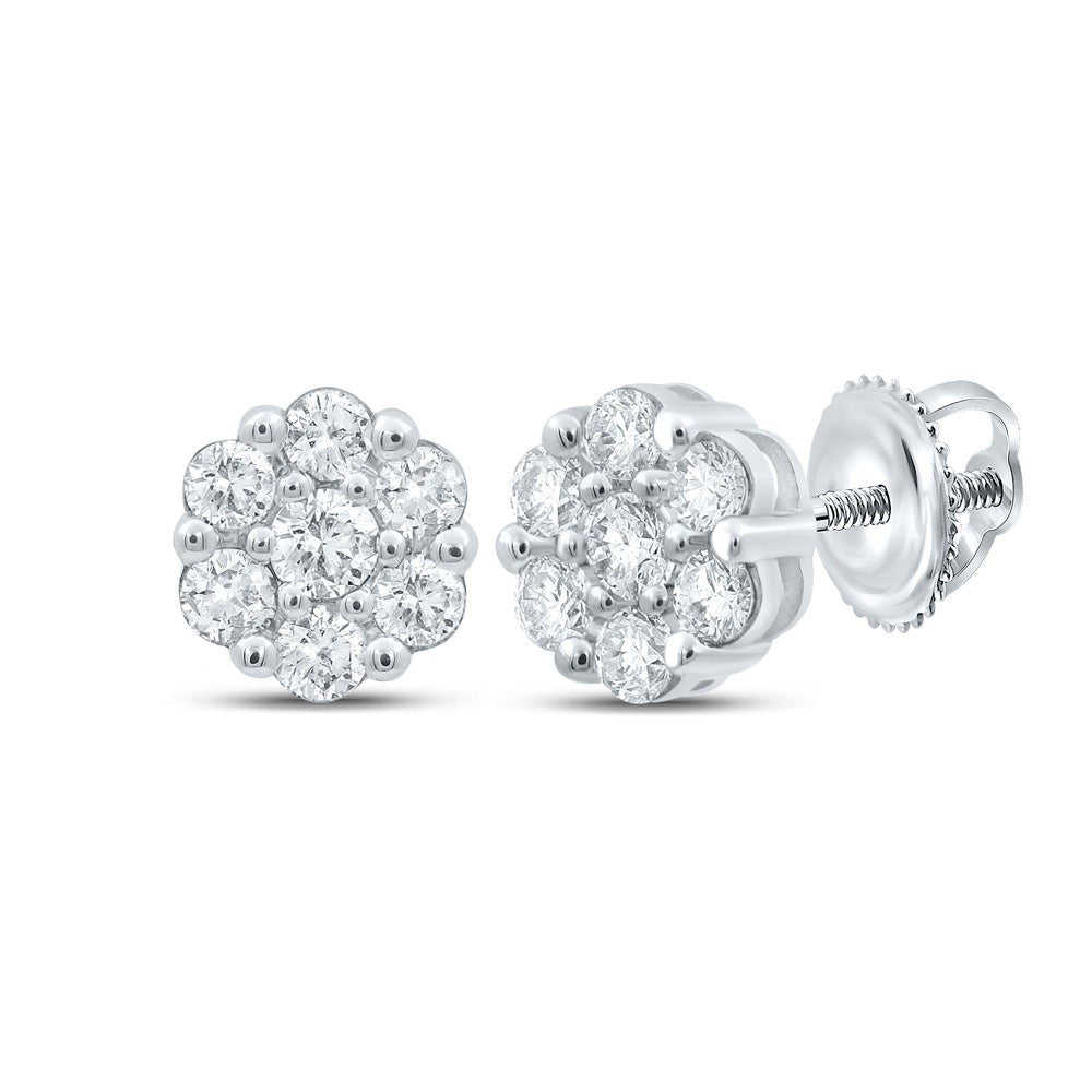 Earrings | 14kt White Gold Womens Round Diamond Flower Cluster Earrings 3/4 Cttw | Splendid Jewellery GND