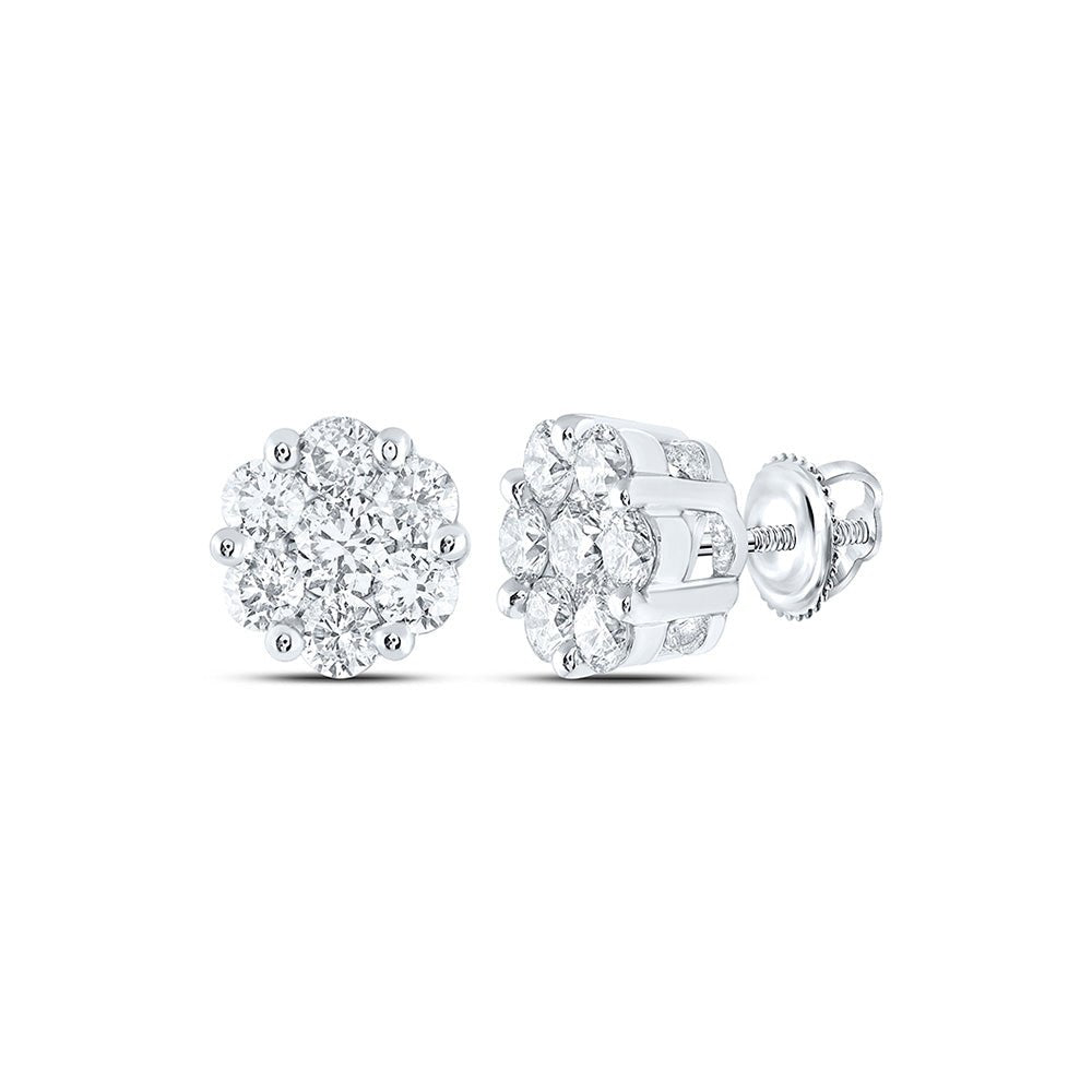 Earrings | 14kt White Gold Womens Round Diamond Flower Cluster Earrings 4 Cttw | Splendid Jewellery GND