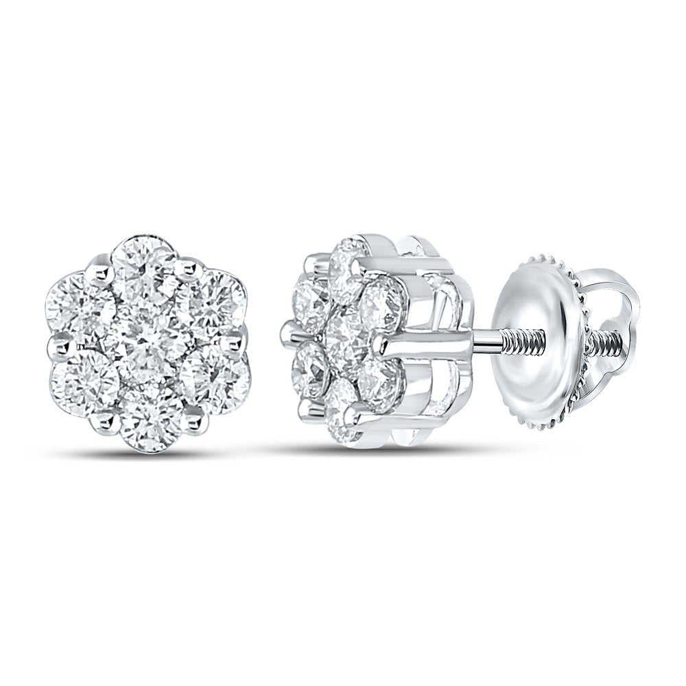 Earrings | 14kt White Gold Womens Round Diamond Flower Cluster Earrings 7/8 Cttw | Splendid Jewellery GND