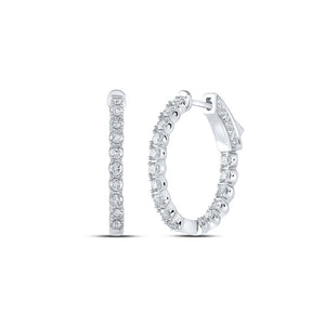 Earrings | 14kt White Gold Womens Round Diamond Inside Outside Hoop Earrings 1 Cttw | Splendid Jewellery GND