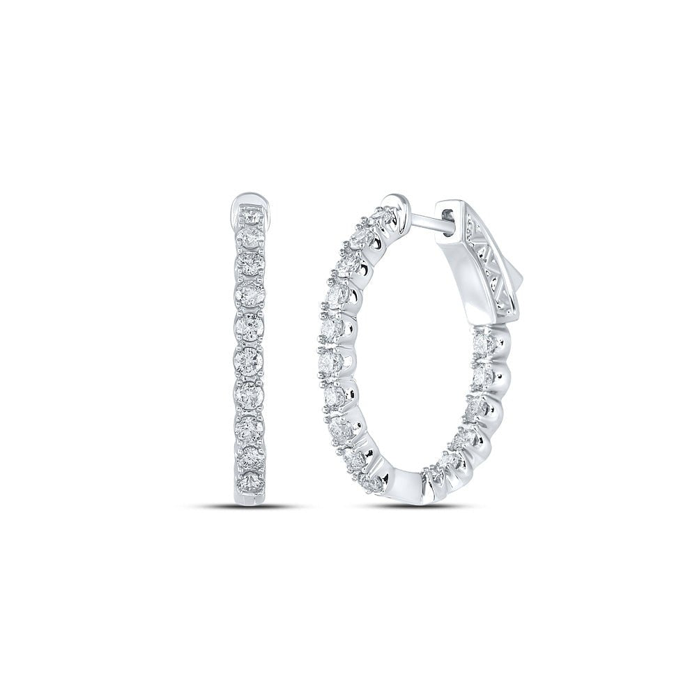 Earrings | 14kt White Gold Womens Round Diamond Inside Outside Hoop Earrings 1 Cttw | Splendid Jewellery GND