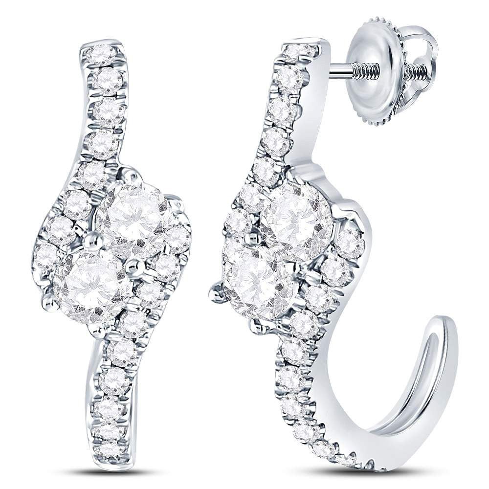 Earrings | 14kt White Gold Womens Round Diamond J-Hoop 2-stone Earrings 1 Cttw | Splendid Jewellery GND