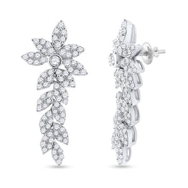 14kt White Gold Diamond Leaf Dangle Earrings - Top View