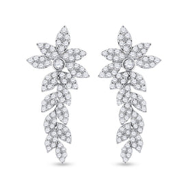 14kt White Gold Diamond Leaf Dangle Earrings - Side View
