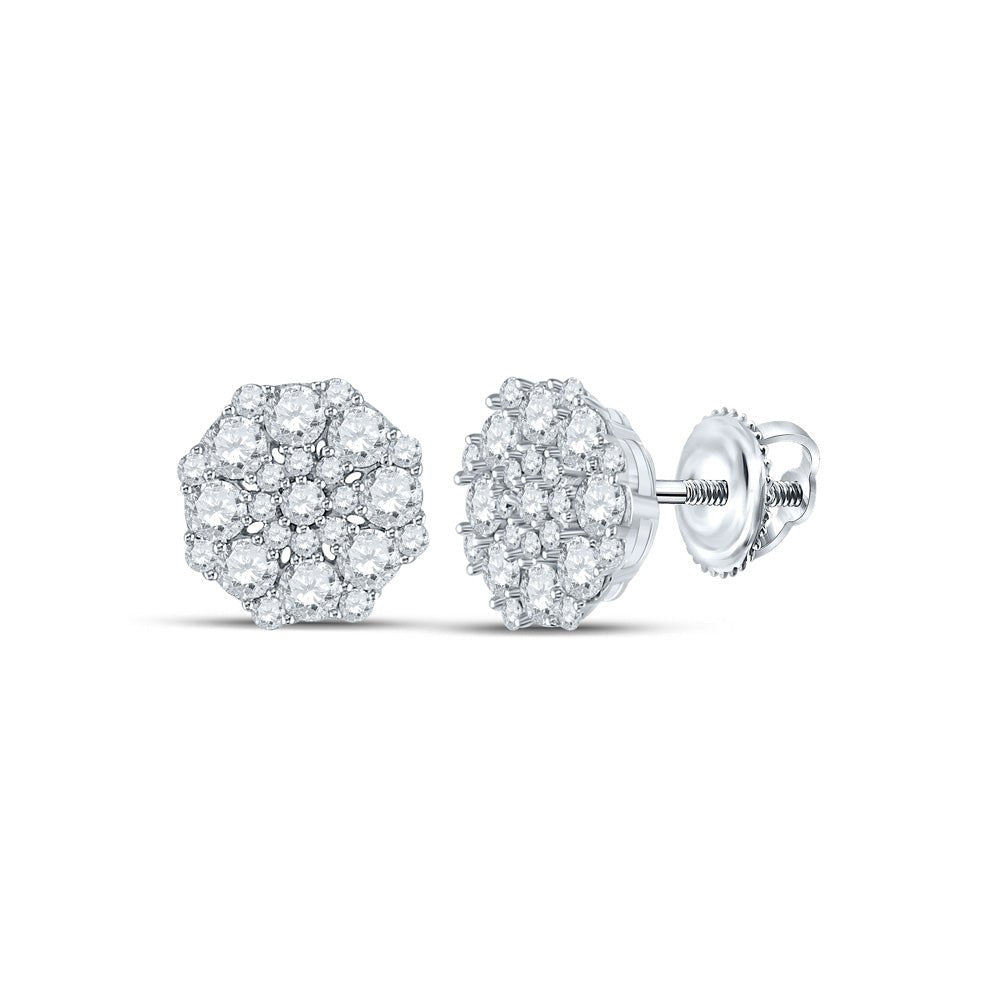 Earrings | 14kt White Gold Womens Round Diamond Octagon Cluster Earrings 1-1/4 Cttw | Splendid Jewellery GND