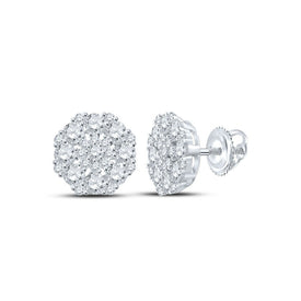 Radiant Sparkle: 14kt White Gold Womens Round Diamond Octagon Cluster Earrings 1-5/8 Cttw - Top View