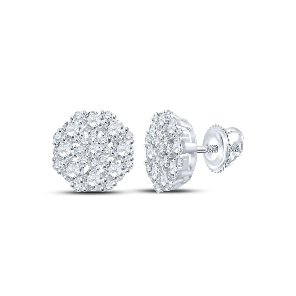 Earrings | 14kt White Gold Womens Round Diamond Octagon Cluster Earrings 1-5/8 Cttw | Splendid Jewellery GND