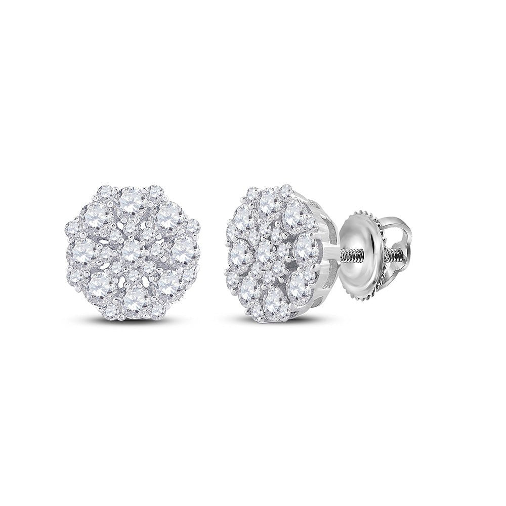 Earrings | 14kt White Gold Womens Round Diamond Octagon Cluster Earrings 7/8 Cttw | Splendid Jewellery GND