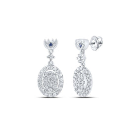 14kt White Gold Diamond and Sapphire Oval Dangle Earrings - Top View