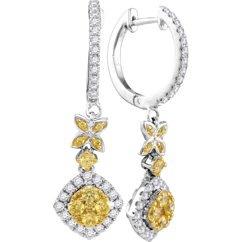 Earrings | 14kt White Gold Womens Round Yellow Diamond Cocktail Dangle Earrings 1 Cttw | Splendid Jewellery GND